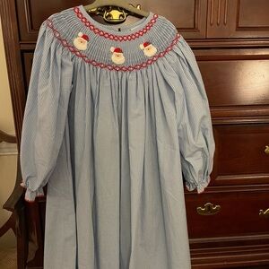 Charming Blue Gingham Smocked Dress with Santa Embroidery